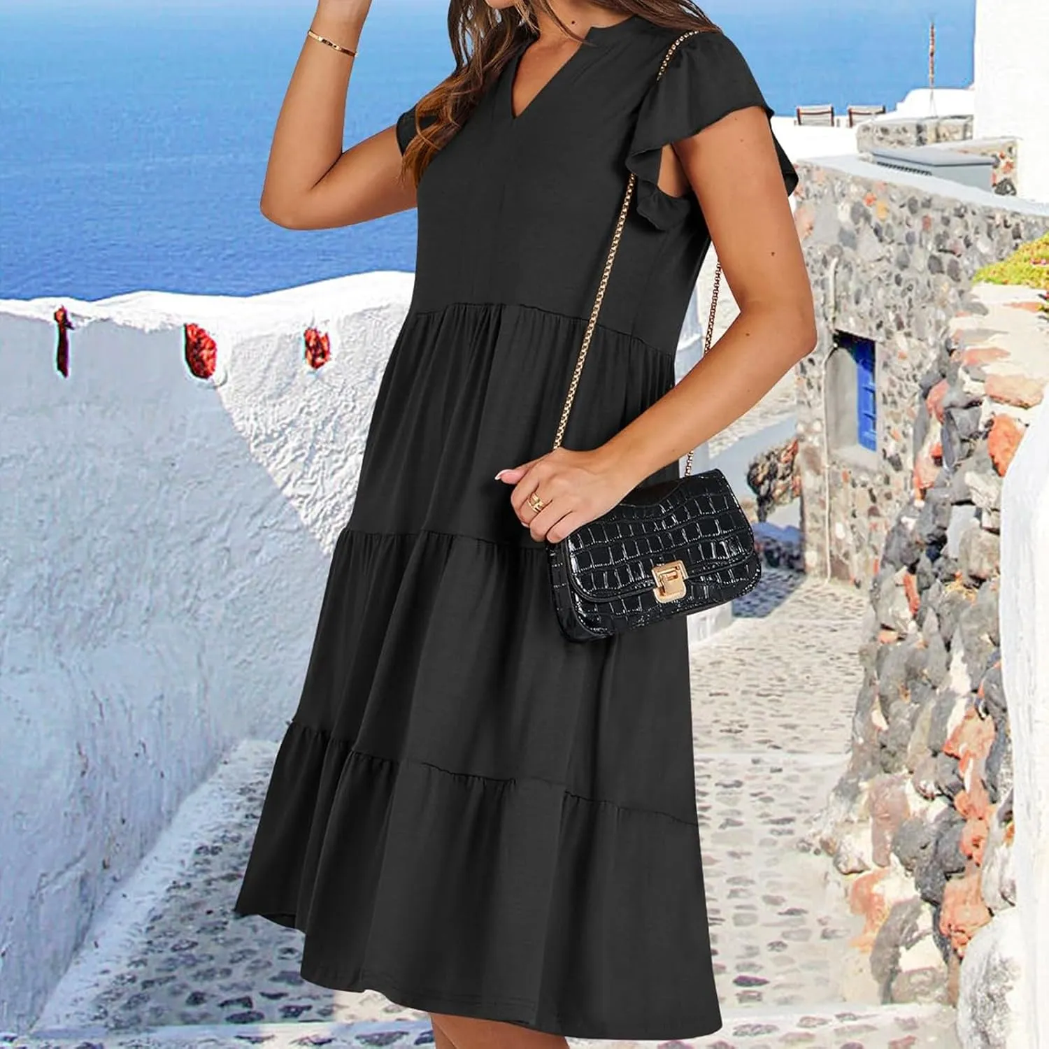 Women's Clothing Dresses V-Neck Ruffle Sleeve Solid Color Layered Bohemian Beach Party Mini Dresses Short, S-2XL