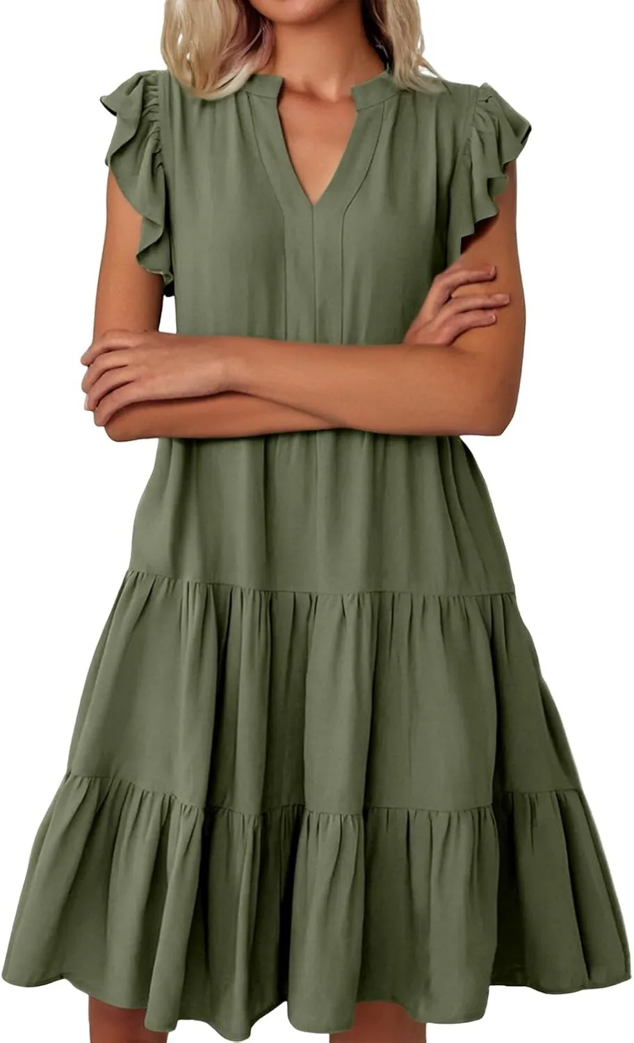Women's Clothing Dresses V-Neck Ruffle Sleeve Solid Color Layered Bohemian Beach Party Mini Dresses Short, S-2XL