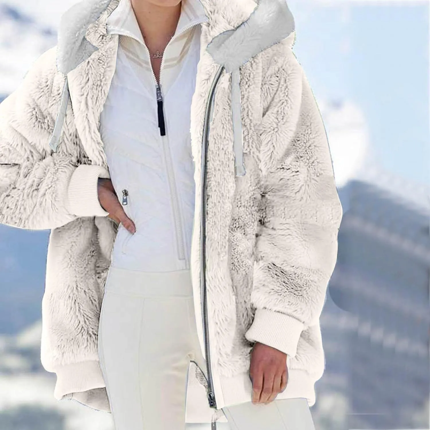 Women's Coats Basic Long Jacket Coat Color Artificial Wool Zipper Drawstring Long-Sleeved Hoodie The Drop Trench