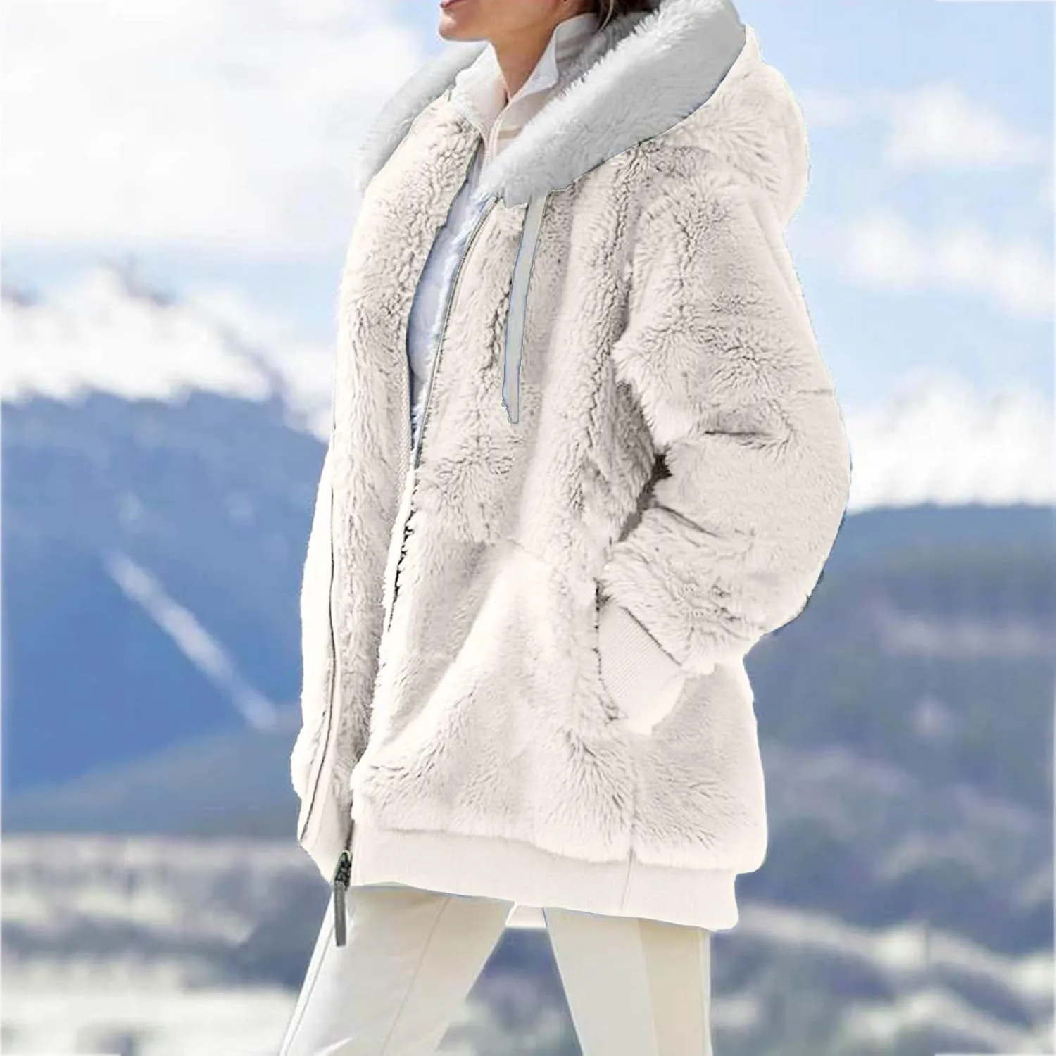Women's Coats Basic Long Jacket Coat Color Artificial Wool Zipper Drawstring Long-Sleeved Hoodie The Drop Trench