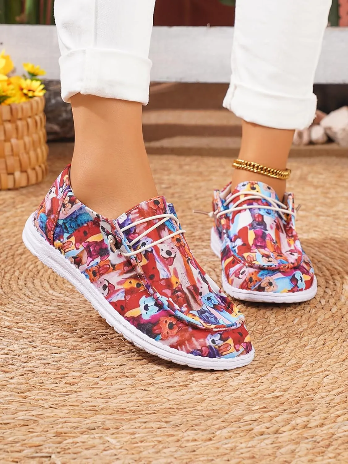 Women's Comfortable Lace-up Loafers with Doggy Print | Orthopedic Slip-on Sneakers with Lightweight Arch Support | Wide Width & Non-Slip Rubber Outsole | Cushioned Insole for Walking