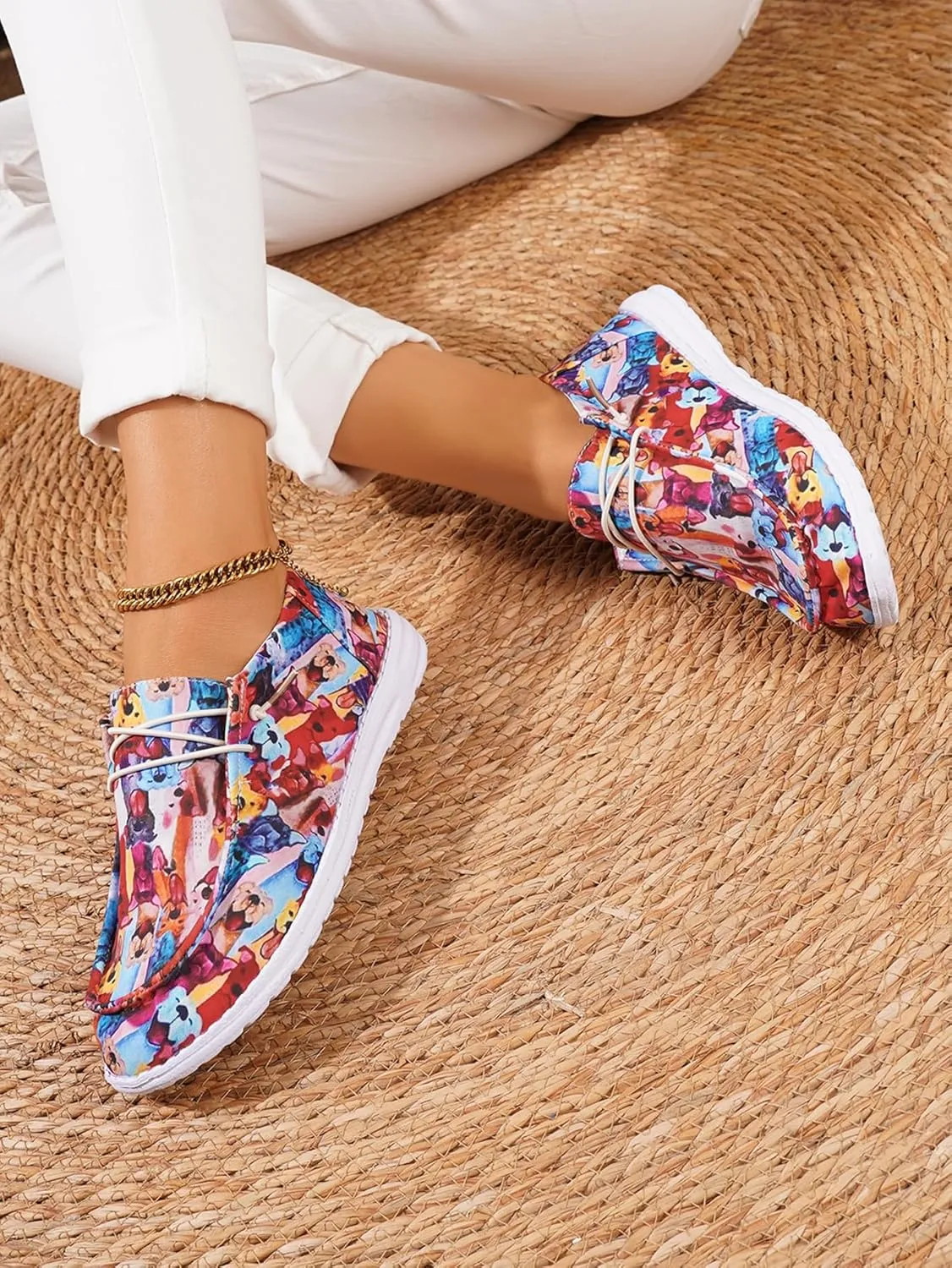 Women's Comfortable Lace-up Loafers with Doggy Print | Orthopedic Slip-on Sneakers with Lightweight Arch Support | Wide Width & Non-Slip Rubber Outsole | Cushioned Insole for Walking