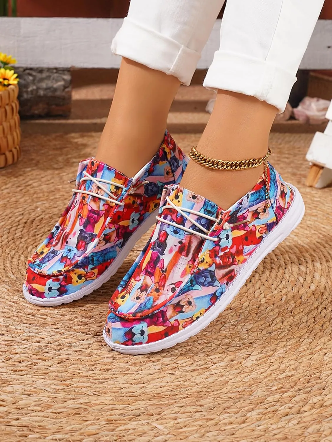 Women's Comfortable Lace-up Loafers with Doggy Print | Orthopedic Slip-on Sneakers with Lightweight Arch Support | Wide Width & Non-Slip Rubber Outsole | Cushioned Insole for Walking