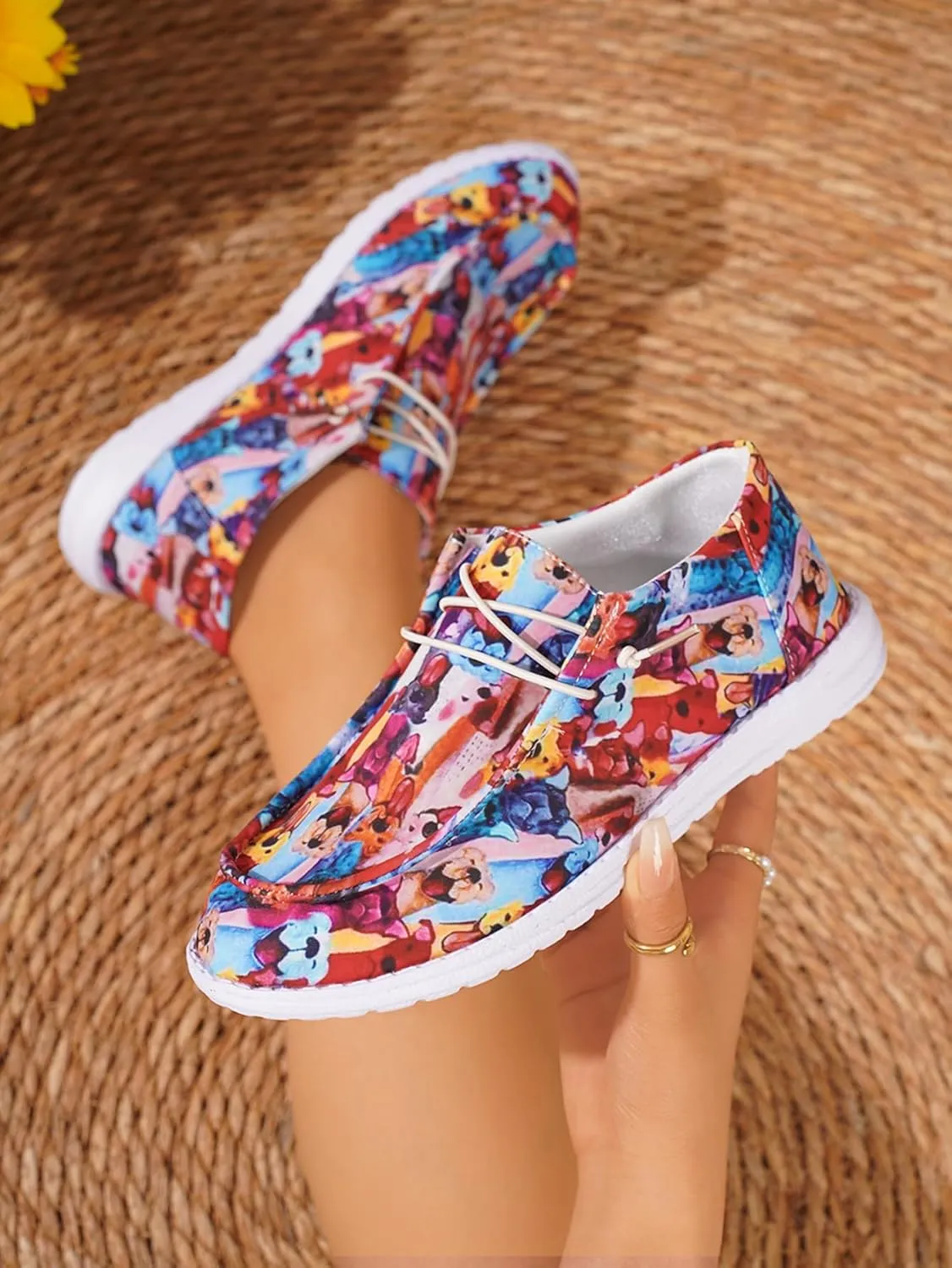 Women's Comfortable Lace-up Loafers with Doggy Print | Orthopedic Slip-on Sneakers with Lightweight Arch Support | Wide Width & Non-Slip Rubber Outsole | Cushioned Insole for Walking