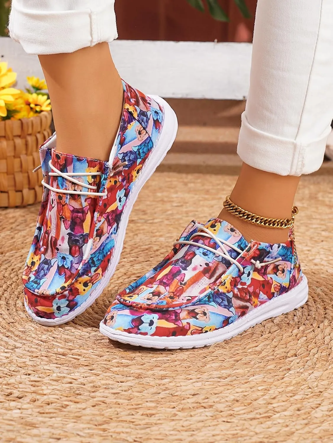 Women's Comfortable Lace-up Loafers with Doggy Print | Orthopedic Slip-on Sneakers with Lightweight Arch Support | Wide Width & Non-Slip Rubber Outsole | Cushioned Insole for Walking