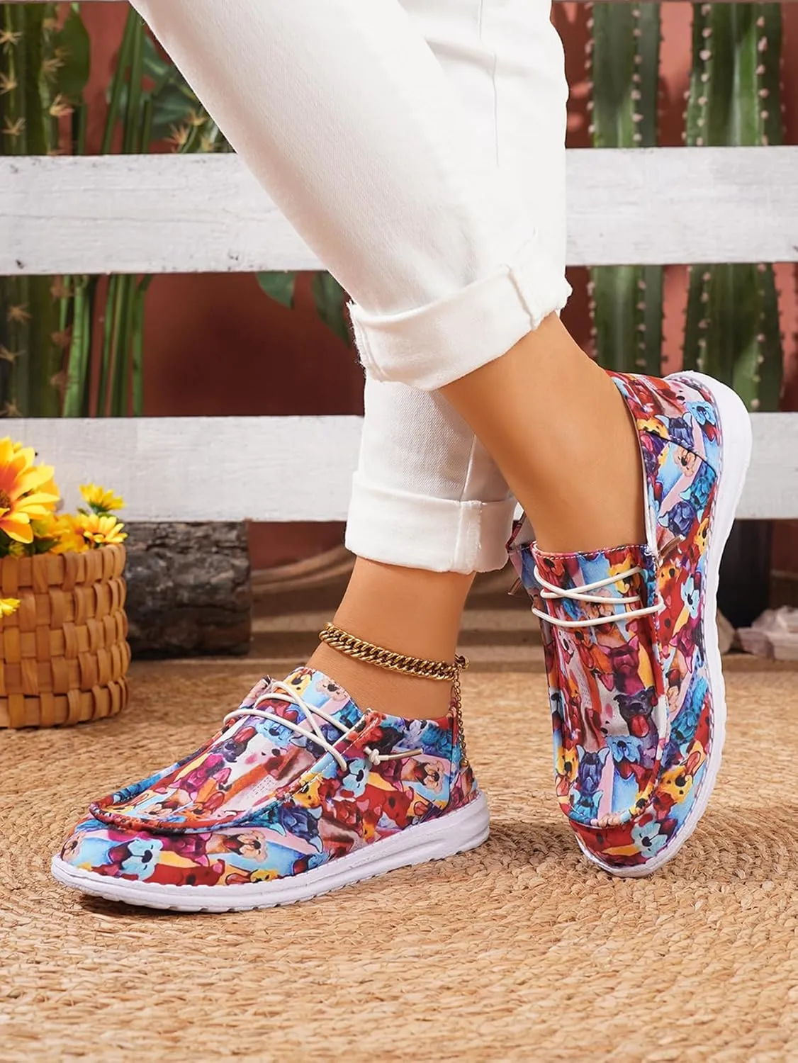 Women's Comfortable Lace-up Loafers with Doggy Print | Orthopedic Slip-on Sneakers with Lightweight Arch Support | Wide Width & Non-Slip Rubber Outsole | Cushioned Insole for Walking