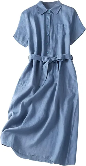 Womens Cotton Linen Button Down Shirt Dress Summer Casual Short Sleeve Lapel Belted Midi Blouse Dress with Pockets
