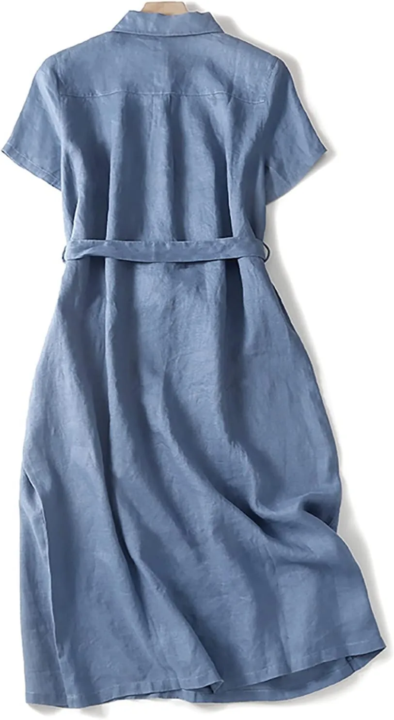Womens Cotton Linen Button Down Shirt Dress Summer Casual Short Sleeve Lapel Belted Midi Blouse Dress with Pockets