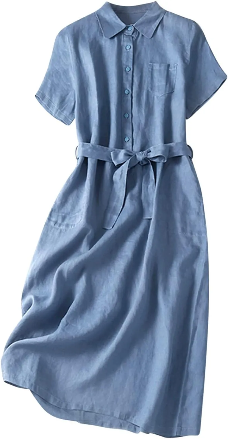 Womens Cotton Linen Button Down Shirt Dress Summer Casual Short Sleeve Lapel Belted Midi Blouse Dress with Pockets