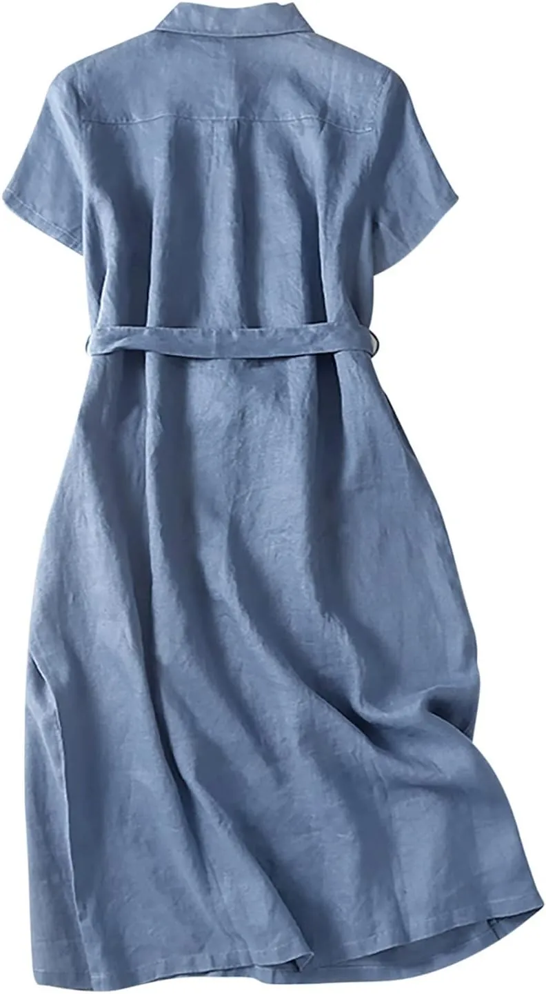 Womens Cotton Linen Button Down Shirt Dress Summer Casual Short Sleeve Lapel Belted Midi Blouse Dress with Pockets
