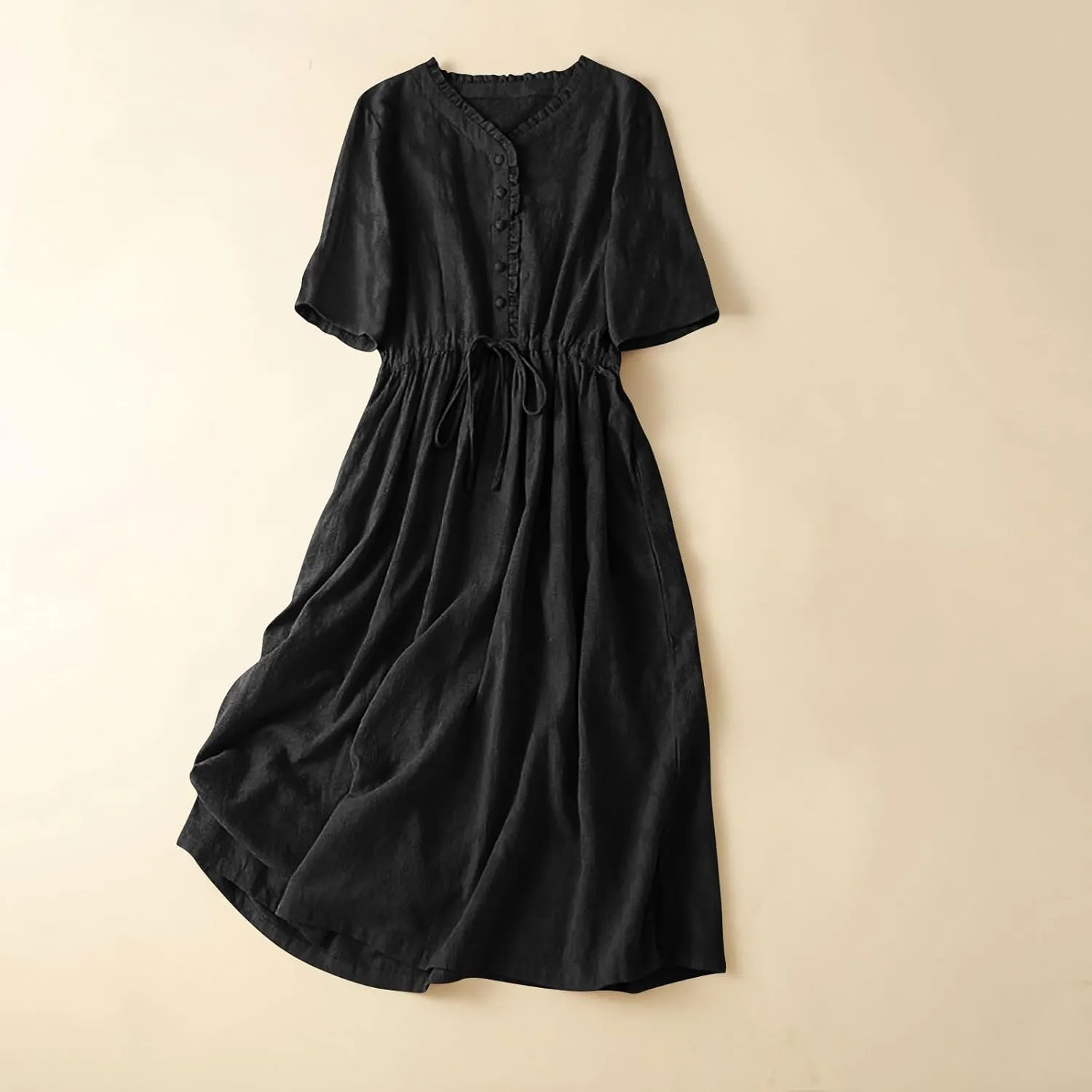 Women's Cotton Linen Dresses Summer Embroidered Sleeve A Line Comfy Cotton Maxi Dress Trendy Summer Vacation Clothes
