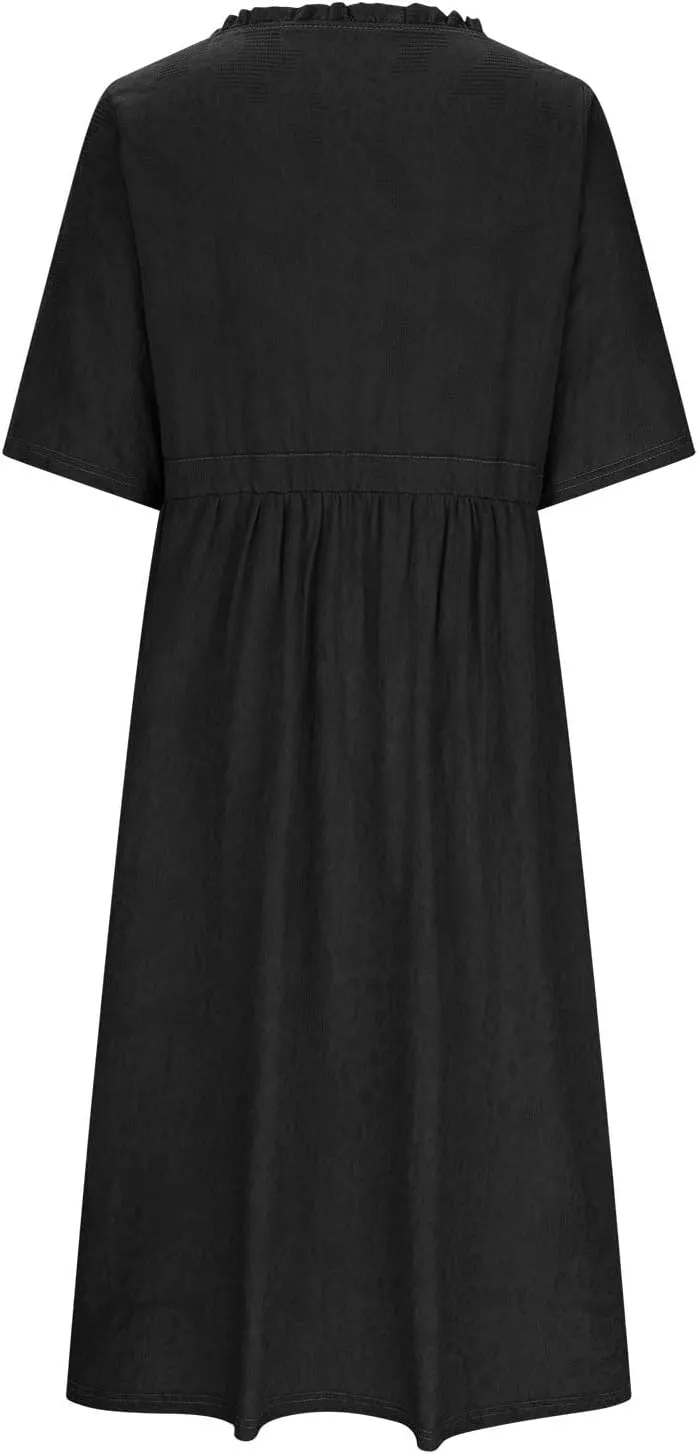 Women's Cotton Linen Dresses Summer Embroidered Sleeve A Line Comfy Cotton Maxi Dress Trendy Summer Vacation Clothes