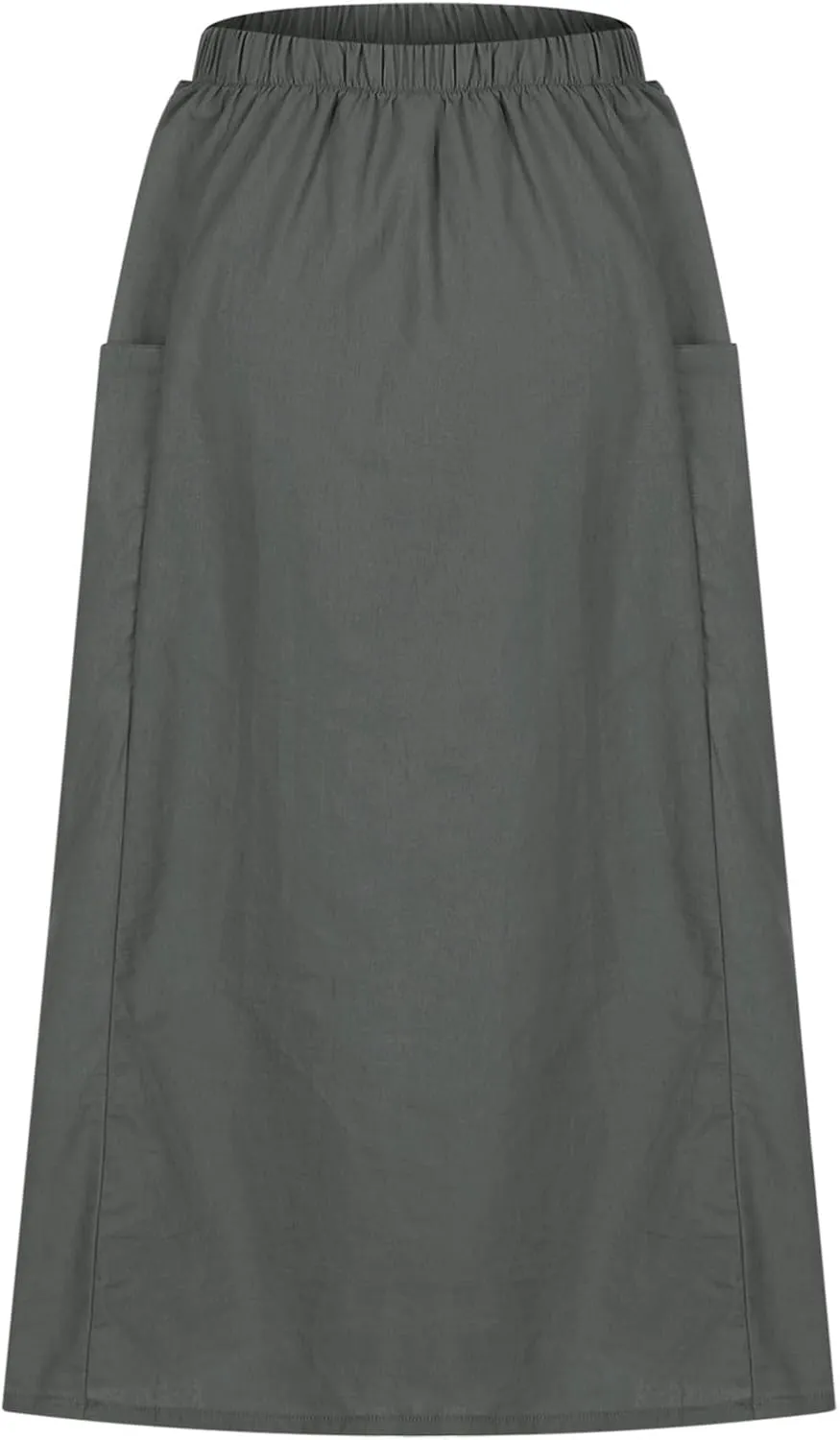 Women's Cotton Linen Midi Skirts Boho High Elastic Waist A Line Pleated Flowy Swing Long Skirts with Pockets