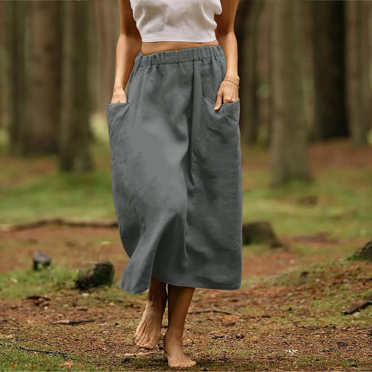 Women's Cotton Linen Midi Skirts Boho High Elastic Waist A Line Pleated Flowy Swing Long Skirts with Pockets