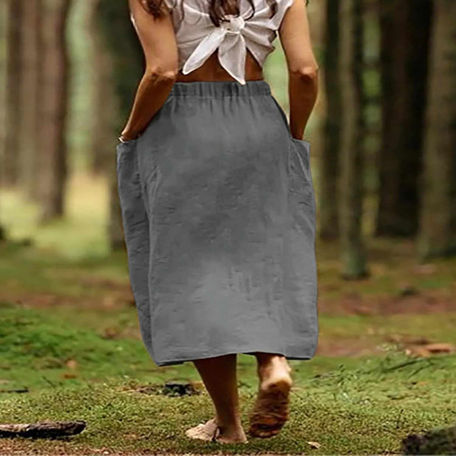 Women's Cotton Linen Midi Skirts Boho High Elastic Waist A Line Pleated Flowy Swing Long Skirts with Pockets