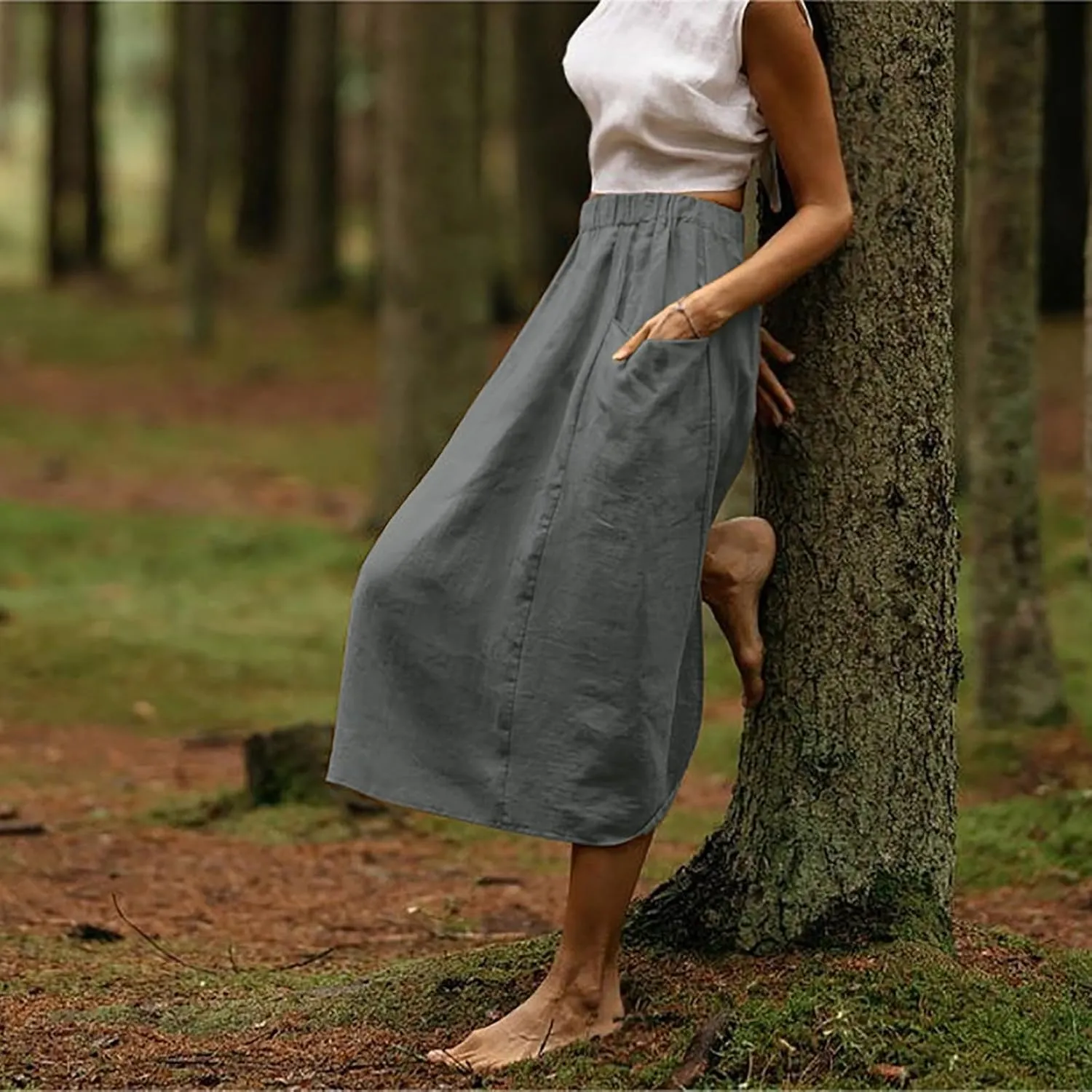 Women's Cotton Linen Midi Skirts Boho High Elastic Waist A Line Pleated Flowy Swing Long Skirts with Pockets