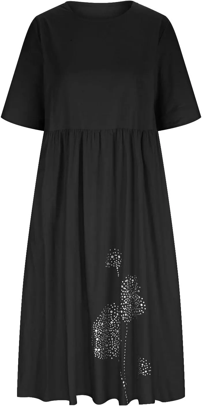 Women's Cotton Linen Ruched Tshirt Dress Dandelion Print Casual Plus Size Midi Dresses Beach Flowy Dress with Pocket
