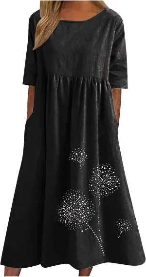Women's Cotton Linen Ruched Tshirt Dress Dandelion Print Casual Plus Size Midi Dresses Beach Flowy Dress with Pocket