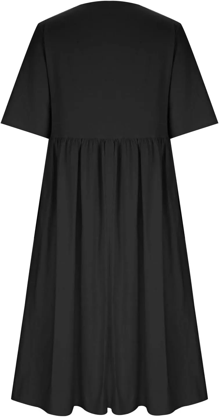Women's Cotton Linen Ruched Tshirt Dress Dandelion Print Casual Plus Size Midi Dresses Beach Flowy Dress with Pocket