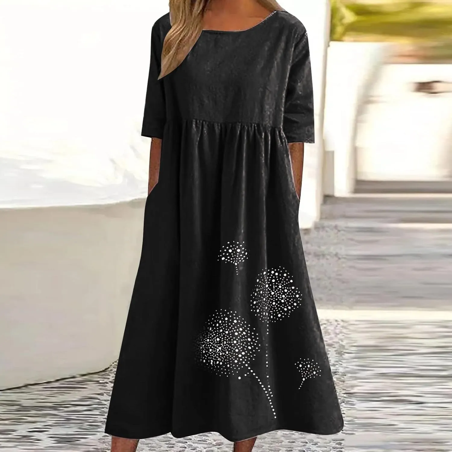 Women's Cotton Linen Ruched Tshirt Dress Dandelion Print Casual Plus Size Midi Dresses Beach Flowy Dress with Pocket
