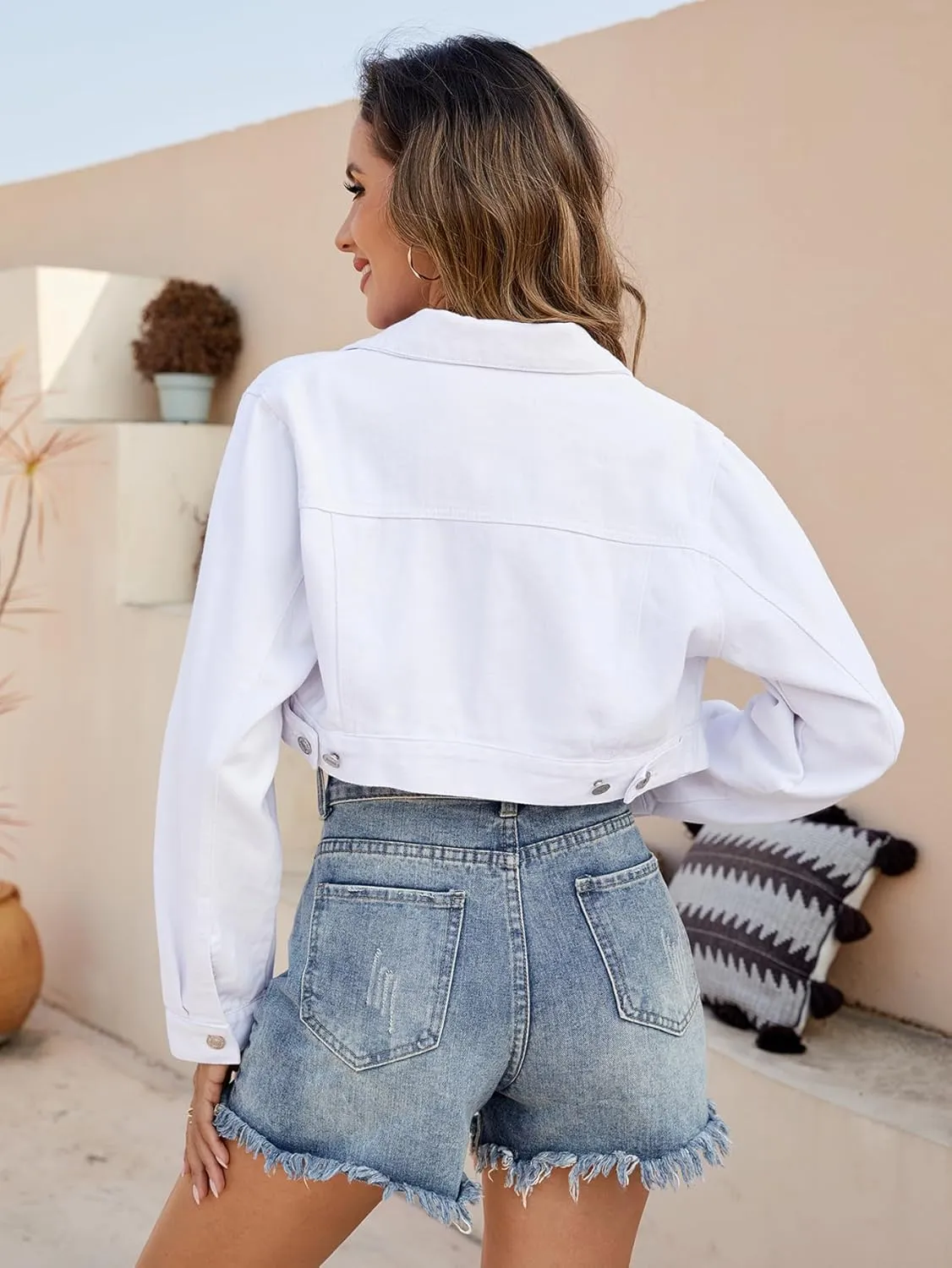 Women's Cropped Denim Jean Jacket Long Sleeve with Pocket