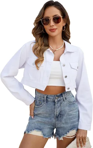Women's Cropped Denim Jean Jacket Long Sleeve with Pocket