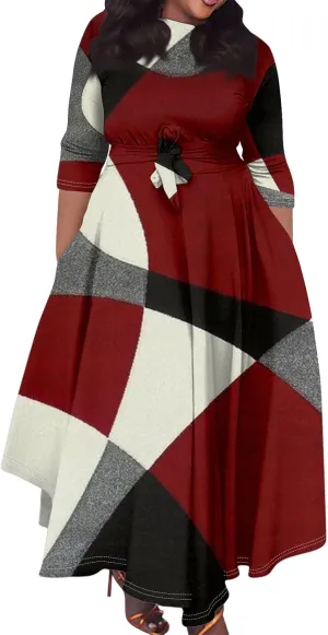 Women's Cruise Outfits 2025 Summer Casual Loose Trendy Round Neck 3/4 Sleeve Solid Floral Print Maxi Dress Plus Size, XL-5XL
