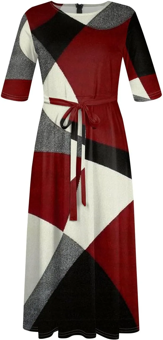 Women's Cruise Outfits 2025 Summer Casual Loose Trendy Round Neck 3/4 Sleeve Solid Floral Print Maxi Dress Plus Size, XL-5XL
