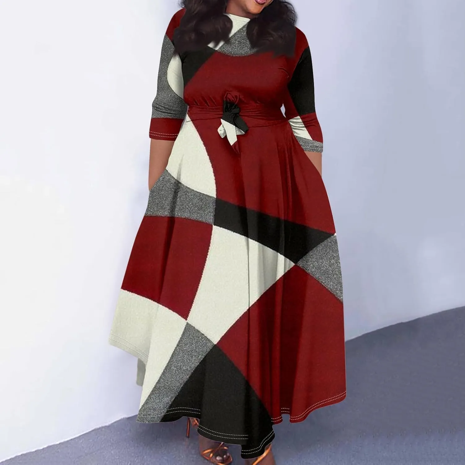 Women's Cruise Outfits 2025 Summer Casual Loose Trendy Round Neck 3/4 Sleeve Solid Floral Print Maxi Dress Plus Size, XL-5XL