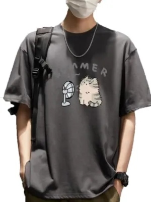 Women's Cute Cat Cartoon Print T-Shirt Kawaii Oversized Graphic Tees Y2K Men's Short Sleeve Tees Grunge Clothes