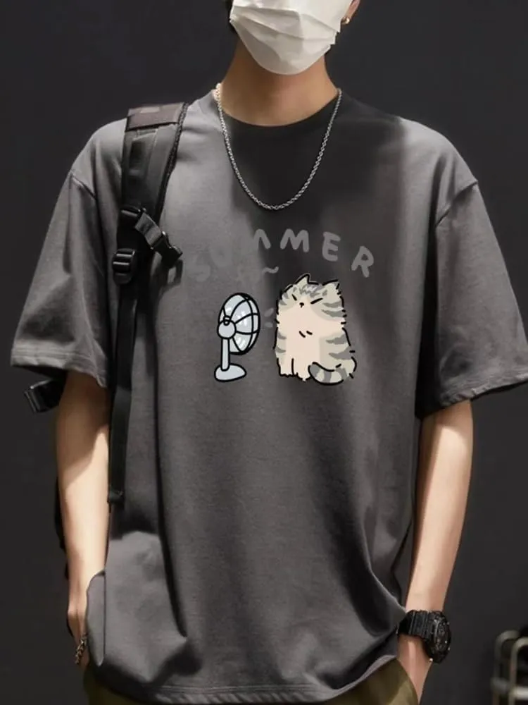 Women's Cute Cat Cartoon Print T-Shirt Kawaii Oversized Graphic Tees Y2K Men's Short Sleeve Tees Grunge Clothes