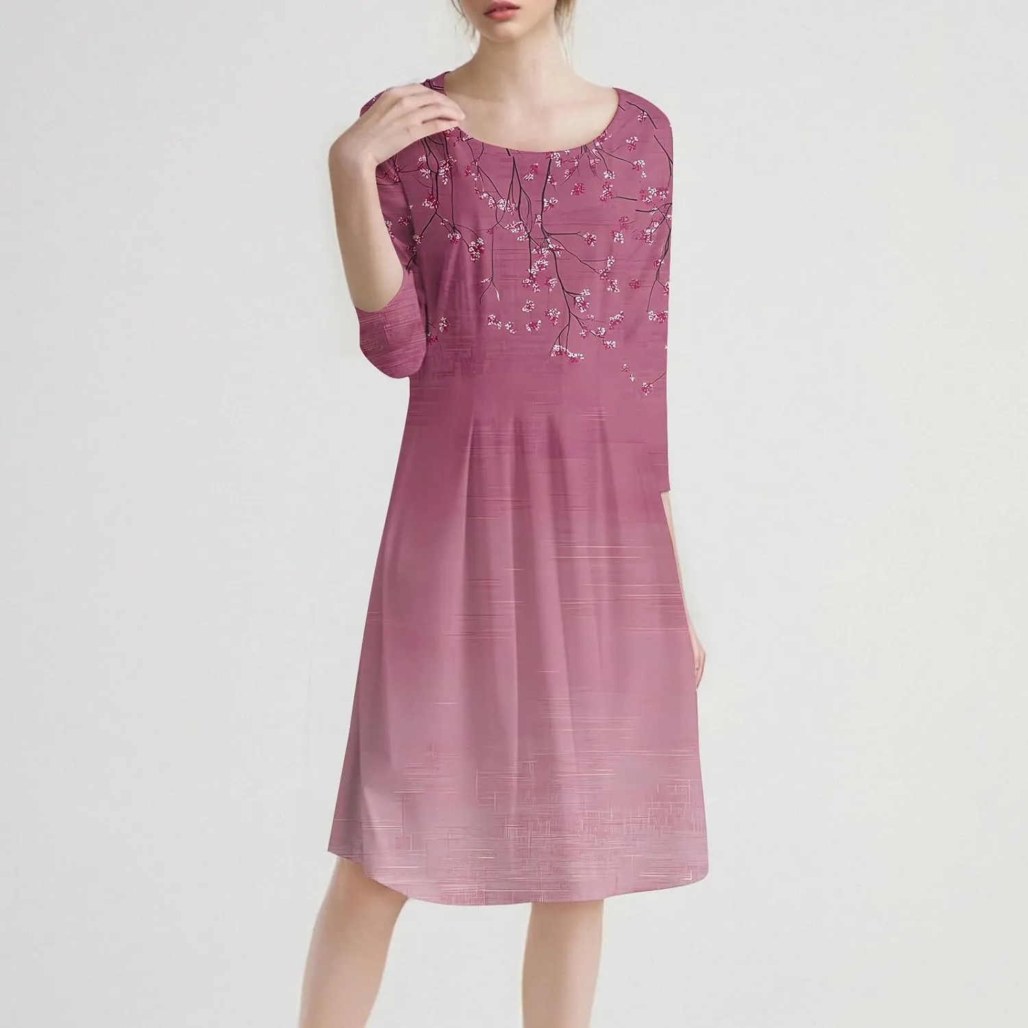 Women's Cute Summer Dresses Neck Three Quarter Sleeves Floral Print Loose Boho Flowy with Pockets Midi Dress, S-3XL
