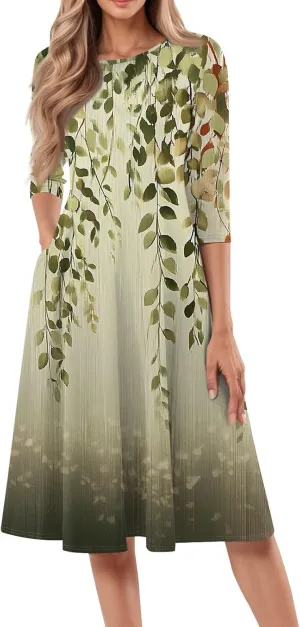 Women's Cute Summer Dresses Neck Three Quarter Sleeves Floral Print Loose Boho Flowy with Pockets Midi Dress, S-3XL