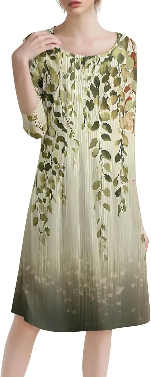 Women's Cute Summer Dresses Neck Three Quarter Sleeves Floral Print Loose Boho Flowy with Pockets Midi Dress, S-3XL