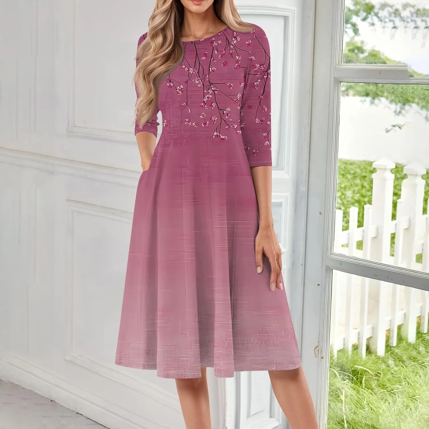 Women's Cute Summer Dresses Neck Three Quarter Sleeves Floral Print Loose Boho Flowy with Pockets Midi Dress, S-3XL