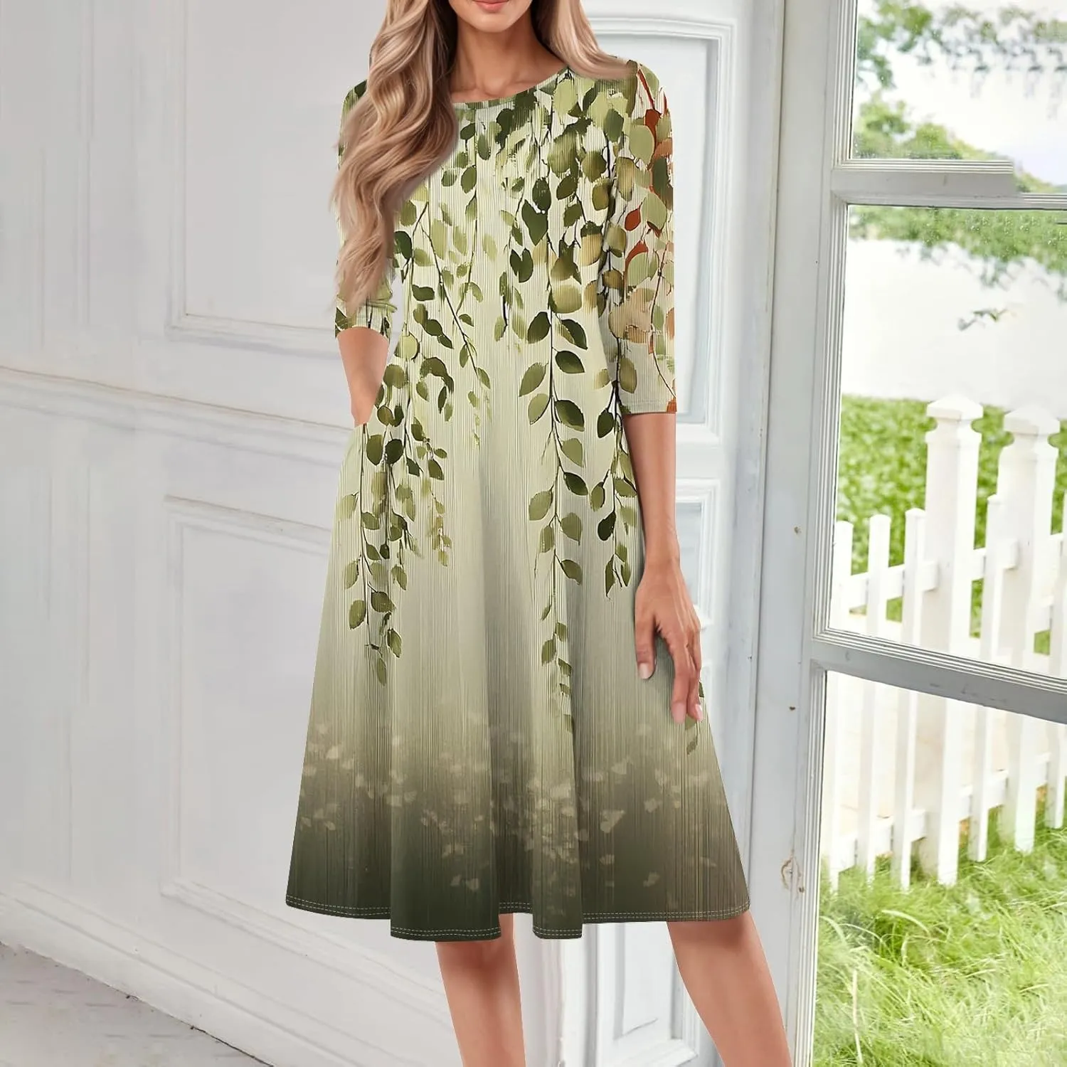 Women's Cute Summer Dresses Neck Three Quarter Sleeves Floral Print Loose Boho Flowy with Pockets Midi Dress, S-3XL