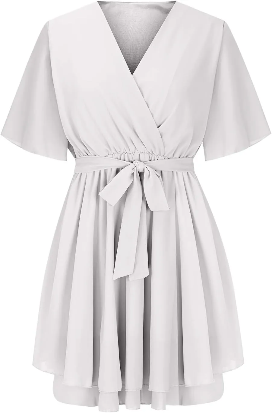 Women's Dress Deep V-Neck Short Sleeve Waist Tie Ruffle Mini Swing Skater Dresses Smocked Tiered Belted Ruffle Hem Mini Dress