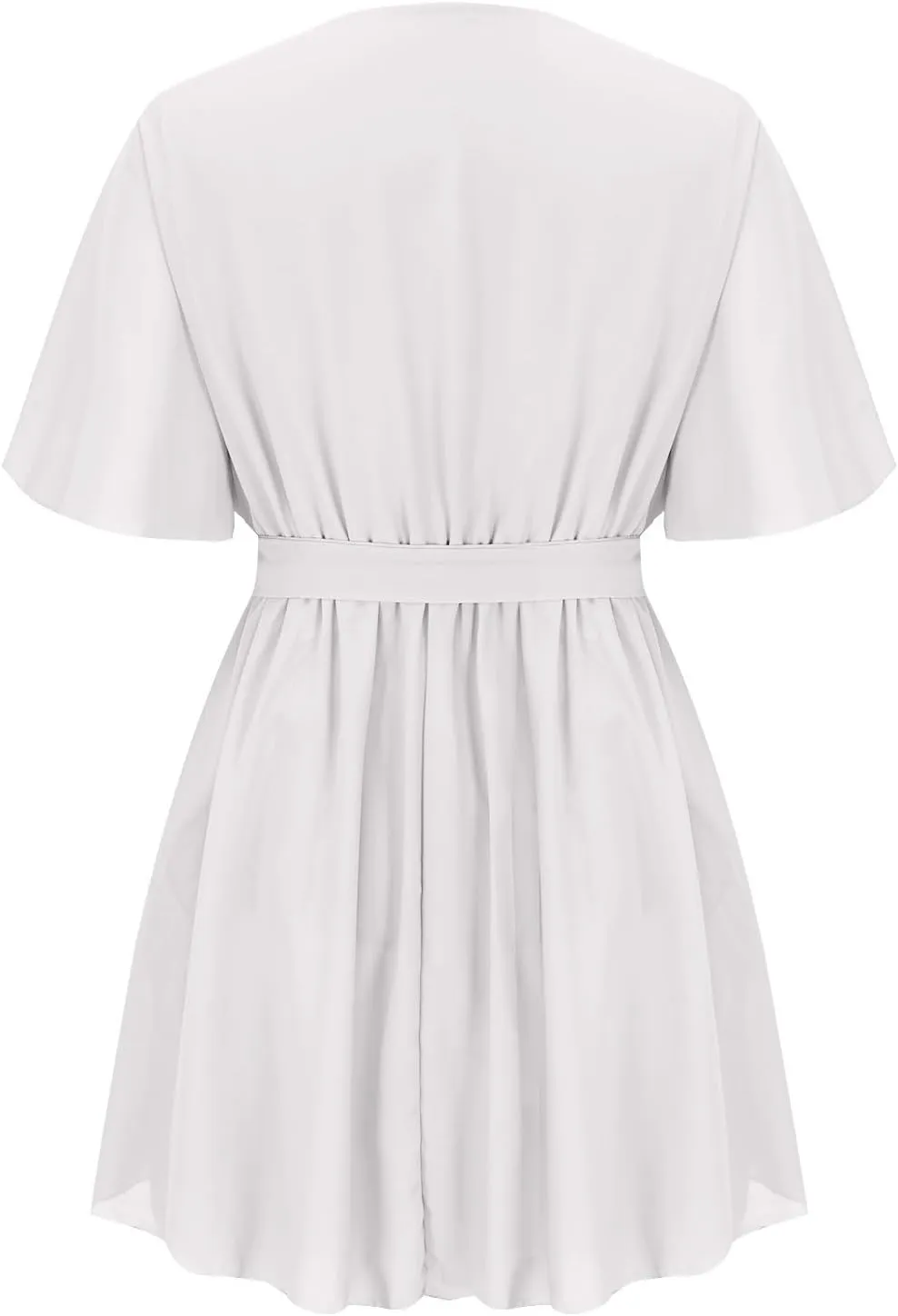 Women's Dress Deep V-Neck Short Sleeve Waist Tie Ruffle Mini Swing Skater Dresses Smocked Tiered Belted Ruffle Hem Mini Dress