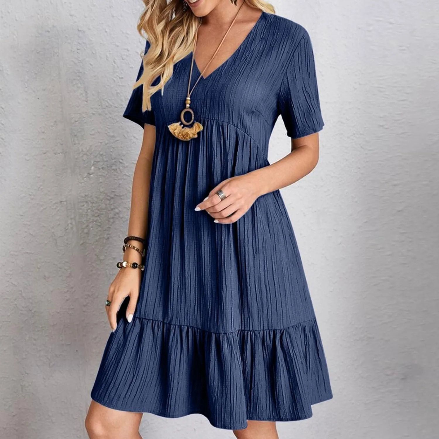 Womens Dresses 2025 Summer Spring Short Sleeve V Neck Mini T Shirt Dress Pleated Ruffle Flowy Beach Sundresses 2025