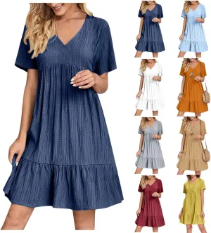 Womens Dresses 2025 Summer Spring Short Sleeve V Neck Mini T Shirt Dress Pleated Ruffle Flowy Beach Sundresses 2025