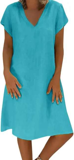 Womens Dresses Summer Casual Midi Dress V Neck Short Sleeve Dress Solid Color Plus Size Flowy Linen Cotton Sundress
