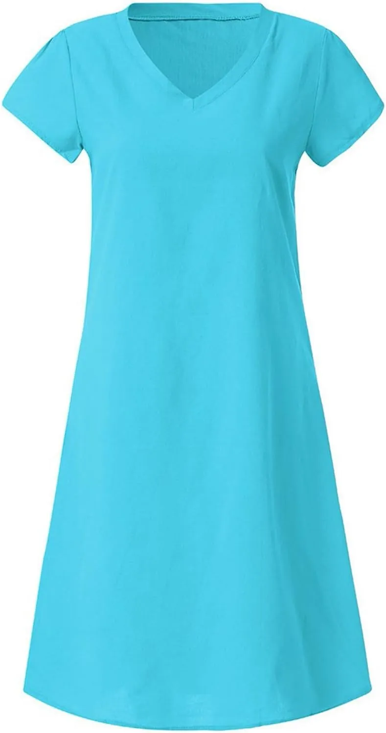 Womens Dresses Summer Casual Midi Dress V Neck Short Sleeve Dress Solid Color Plus Size Flowy Linen Cotton Sundress