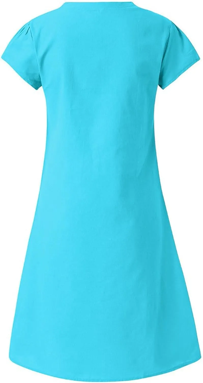 Womens Dresses Summer Casual Midi Dress V Neck Short Sleeve Dress Solid Color Plus Size Flowy Linen Cotton Sundress