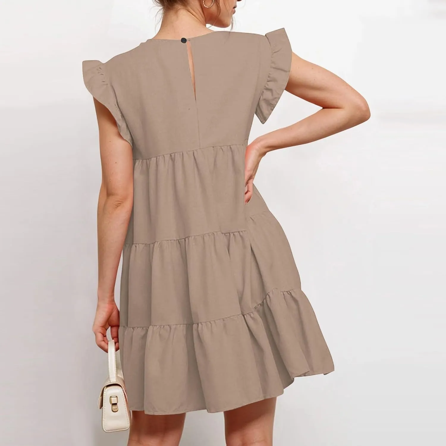 Women's Dresses Summer Round Neck Ruffle Sleeve Solid Color Beach Flowy Short Tunic Mini Dress 2025, S-2XL