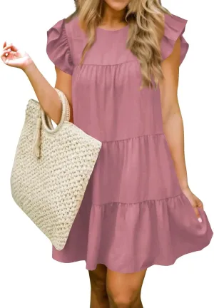 Women's Dresses Summer Round Neck Ruffle Sleeve Solid Color Beach Flowy Short Tunic Mini Dress 2025, S-2XL