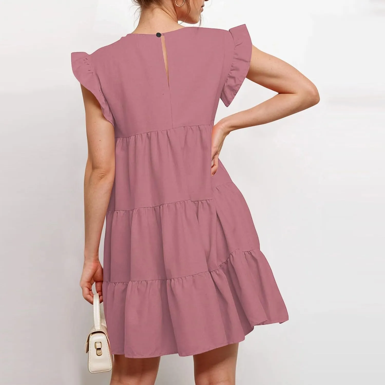 Women's Dresses Summer Round Neck Ruffle Sleeve Solid Color Beach Flowy Short Tunic Mini Dress 2025, S-2XL