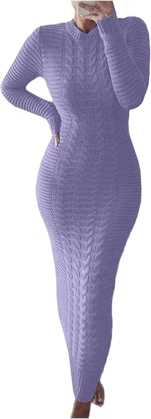 Women's Fall Winter Casual Trendy Crew Neck Long Sleeve Bodycon Knit Sweater Dress Plus Size, S-3XL