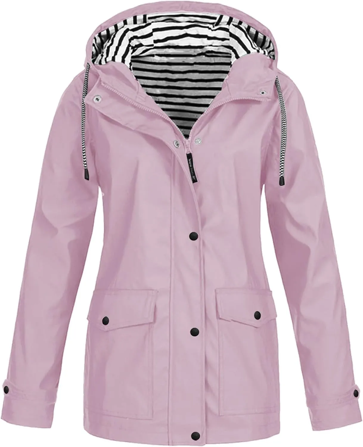 Womens Fashion Hooded Rain Jacket 2024 Lightweight Trench Coat Long Sleeve Windbreaker Zip Up Drawstring Raincoat