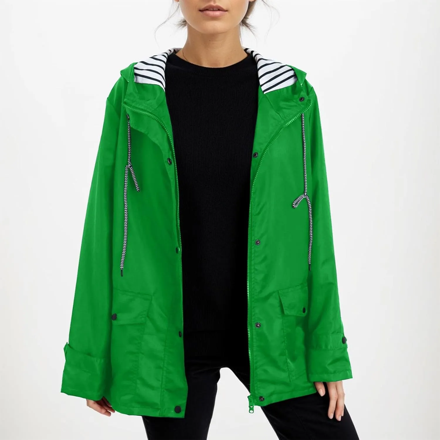 Womens Fashion Hooded Rain Jacket 2024 Lightweight Trench Coat Long Sleeve Windbreaker Zip Up Drawstring Raincoat