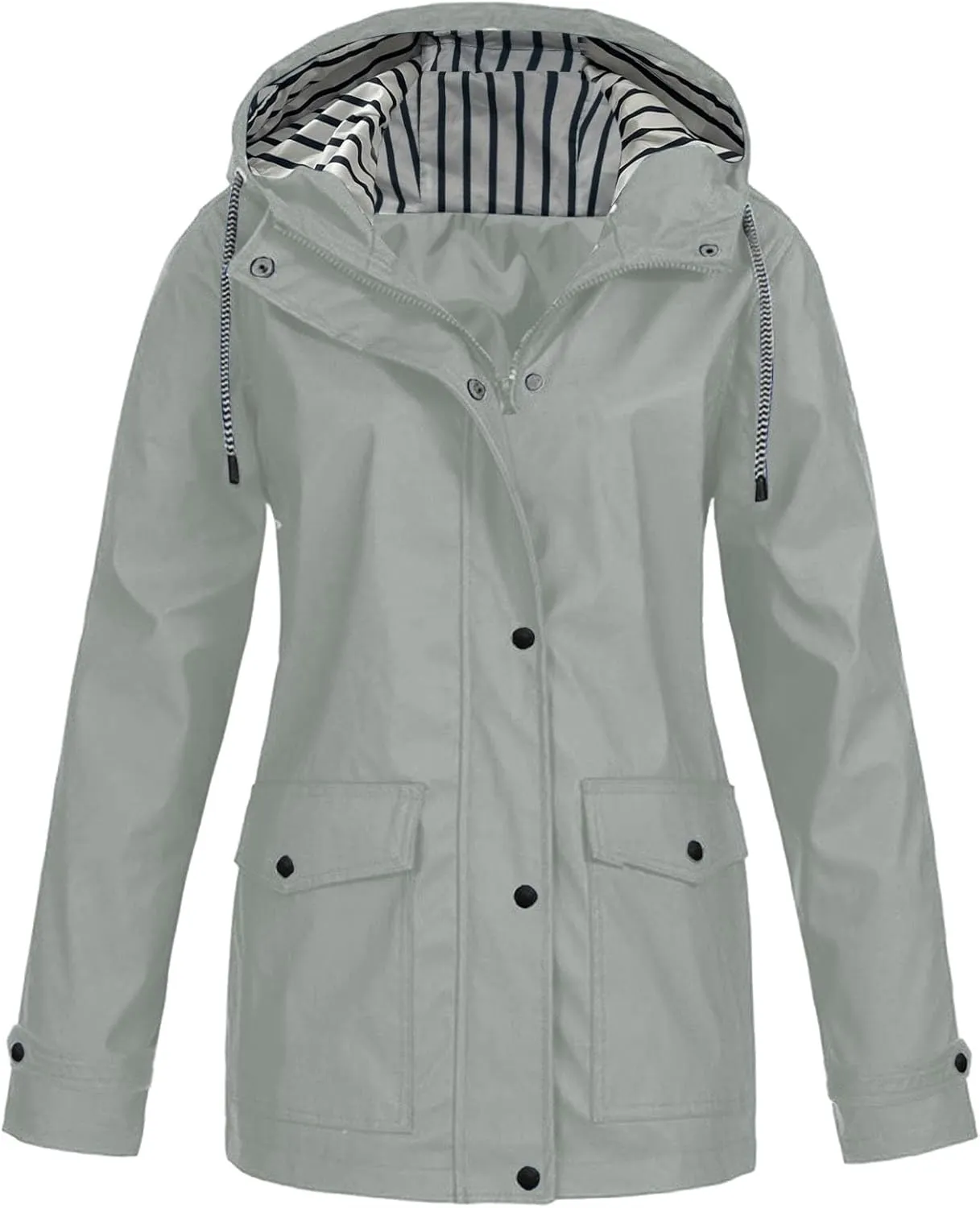 Womens Fashion Hooded Rain Jacket 2024 Lightweight Trench Coat Long Sleeve Windbreaker Zip Up Drawstring Raincoat